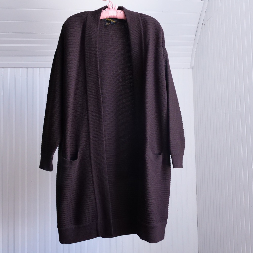 Drop dead gorgeous 1990s Donna Karan cocoa brown ribbed knit longline cardigan - Picture 7 of 8